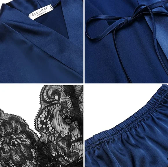 Ekouaer Sleepwear for Women Satin Pajama 3 Piece Lingerie Lace Cami Pj Set Sexy - Picture 5 of 6